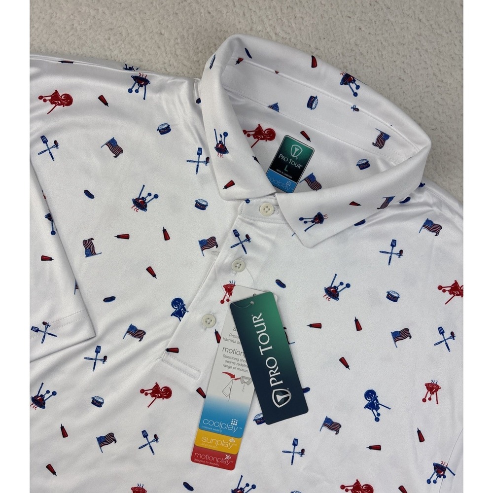 NEW PRO TOUR BBQ Print Mens Tech Polo Shirt Large Performance Grilling Stretch‎